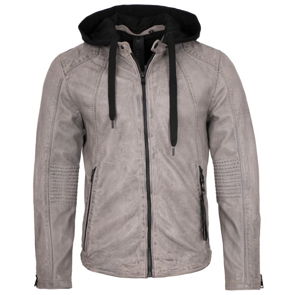 2.0 by Mauritius - Herren Lederjacke Kapuze Lammnappa light grey-14254