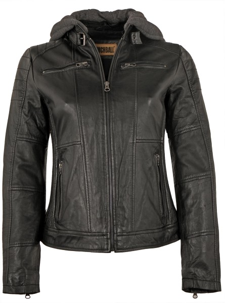 Punchball - Damen Lederjacke Lammnappa Kapuze schwarz-13178