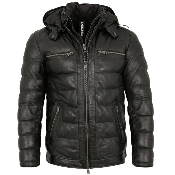 Existenz - Herren Lederjacke Steppjacke Lammnappa Kapuze schwarz-14276