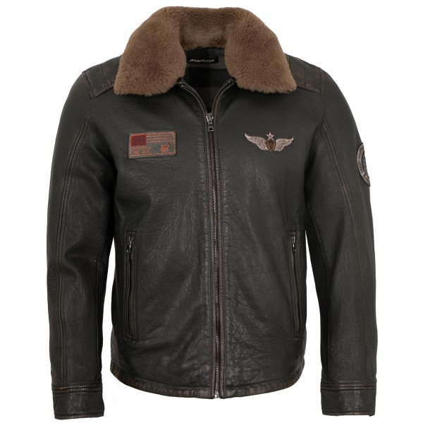 Maddox - Herren Lederjacke Fliegerjacke Lammnappa Lammfellkragen schwarz antik-14233