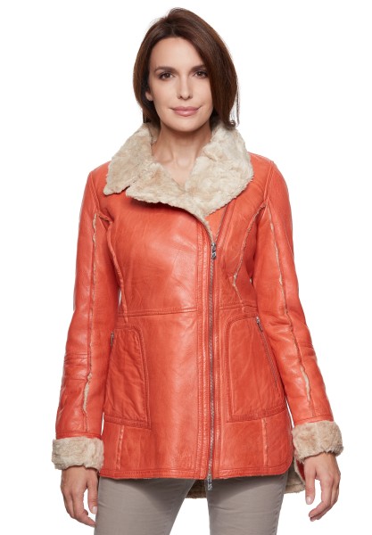 Jilani - Damen Ledermantel Lammnappa Teddyfell orange antik 12848