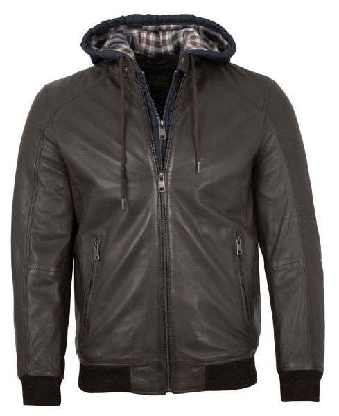 Existenz - Herren Lederjacke Blouson Kapuze Lammnappa dunkelbraun14171