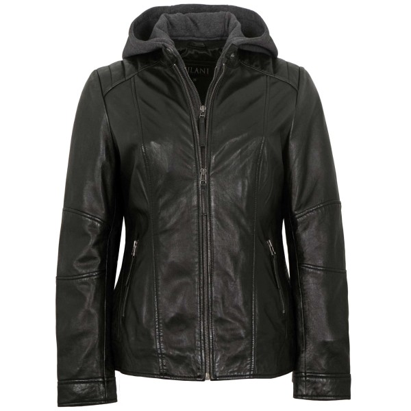 Jilani Collection - Damen Lederjacke Lammnappa Kapuze schwarz-14478