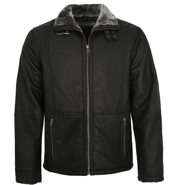 Redpoint - Herren Lederjacke Lammnubuk Kunstfell schwarz-14337