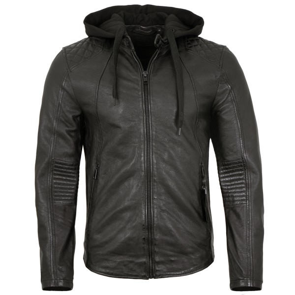 2.0 by Mauritius - Herren Lederjacke Kapuze Lammnappa schwarz-14253