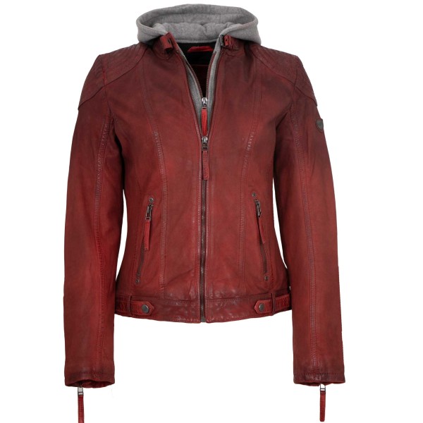 Mauritius - Damen Lederjacke Kapuze Lammleder rot-14346