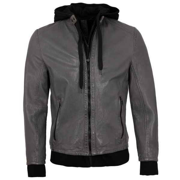 2.0 by Mauritius - Herren Lederjacke Kapuze Lammnappa grau-14255