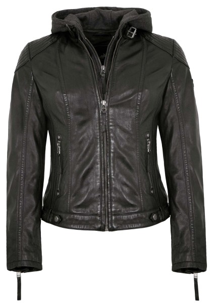 Mauritius - Damen Lederjacke Bikerjacke Lammnappa Kapuze schwarz-13844