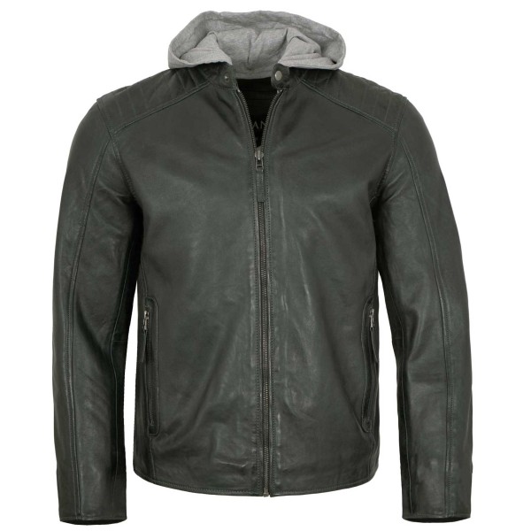 Jilani - Herren Lederjacke Kapuze Lammnappa petrol grün-14369