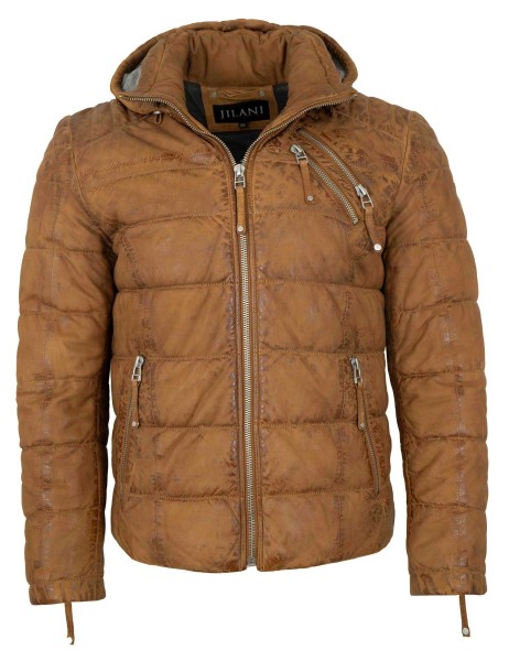 Jilani - Herren Lederjacke Steppjacke Kapuze Lammnubuk cognac-13971