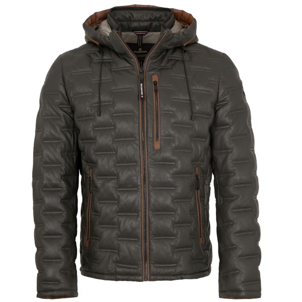 Milestone - Herren Lederjacke Steppjacke Lammnappa Kapuze grau-14325