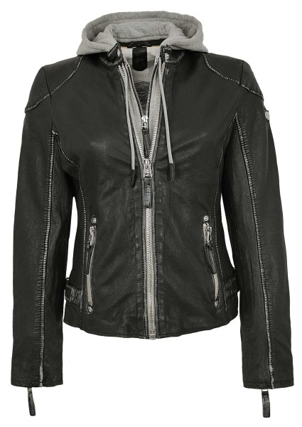 Gipsy - Damen Lederjacke Lammnappa Kapuze schwarz-13872