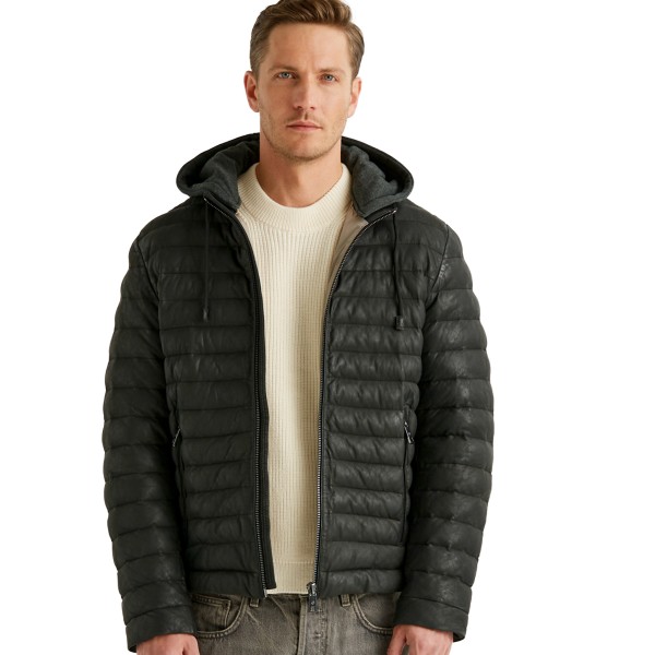 Milestone - Herren Lederjacke Steppjacke Lammnubuk Kapuze schwarz-14326