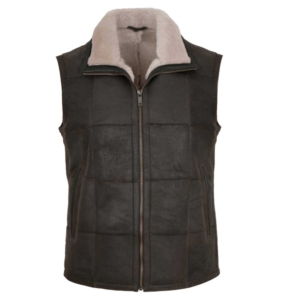 Maddox - Herren Lederweste Lammnubuk Lammfell braun-beige-14349