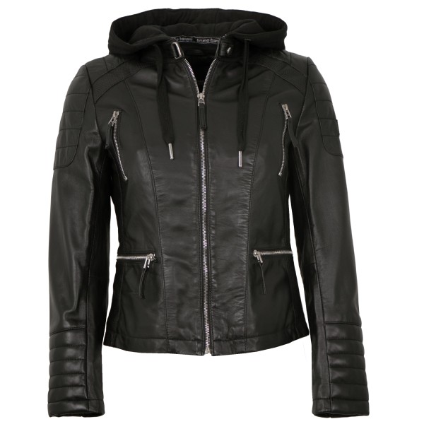 Bruno Banani - Damen Lederjacke Lammnappa Kapuze schwarz-14240