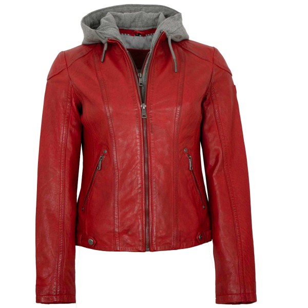 Mauritius - Damen Lederjacke Lammnappa Kapuze rot-14456-3
