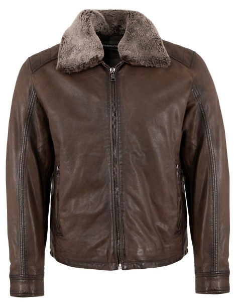 MADDOX - Herren Lederjacke Pilotenjacke Lammnappa Lammfellkragen braun-13604