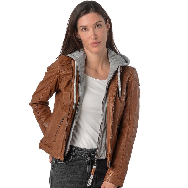 Mauritius - Damen Lederjacke Lammnappa Kapuze cognac-14344