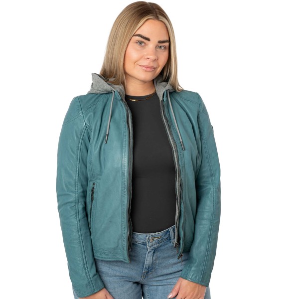 Mauritius - Damen Lederjacke Lammnappa Kapuze helles türkis-14458