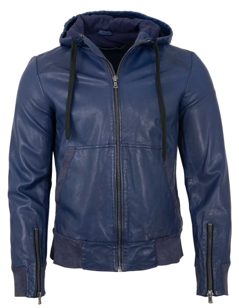 Freaky Nation - Herren Lederjacke Kapuze Lammnappa Velourleder blau-14198