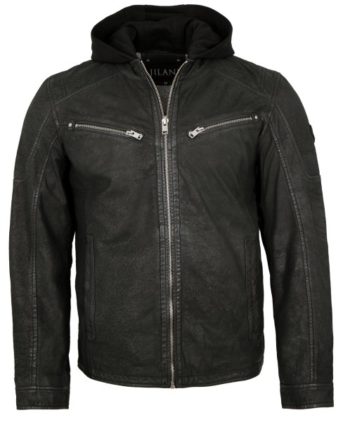 Jilani - Herren Lederjacke Kapuze Nubukleder schwarz-13784