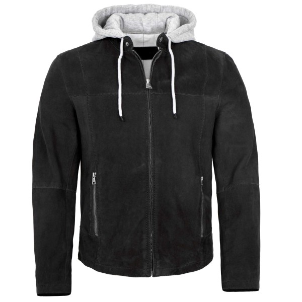 Milestone - Herren Lederjacke Kapuze Lammvelour schwarz-14424