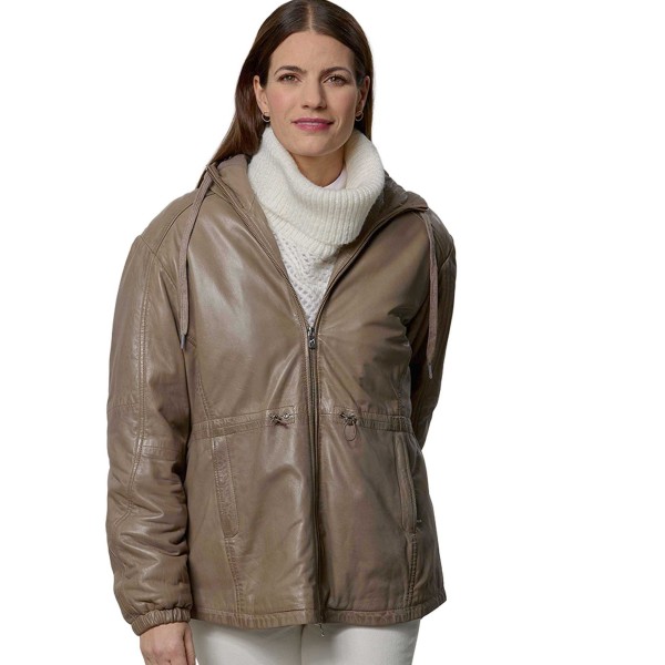 Jilani Collection - Damen Lederjacke Lammnappa Kapuze Oversize dark sand-14394