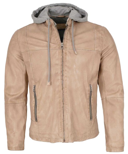 Milestone - Herren Lederjacke Lammnappa Kapuze beige-14026