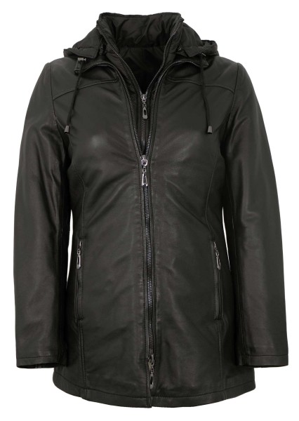 Existenz - Damen Lederjacke 2in1 Jacke Weste Kapuze Lammnappa schwarz-14154