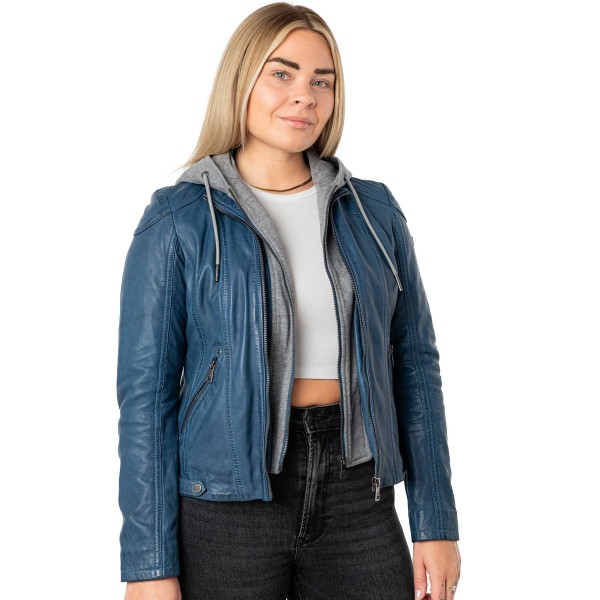 Mauritius - Damen Lederjacke Lammnappa Kapuze blau-14455