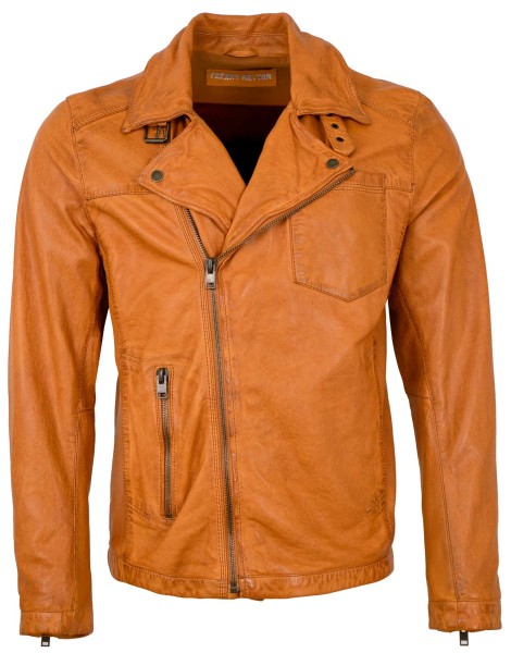 Freaky Nation - Herren Lederjacke Bikerjacke Lammnappa gelb-orange-14188