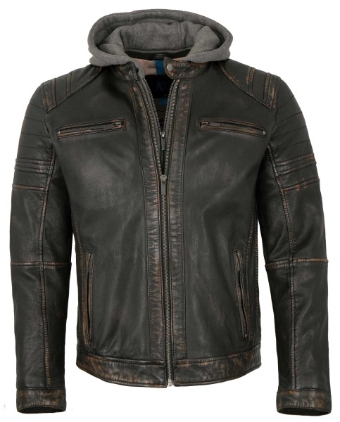 Herren Lederjacke Lammnappa Bikerjacke Kapuze schwarz-beige-12039