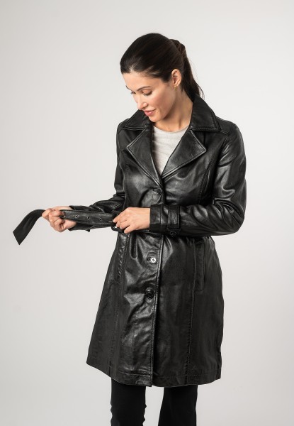 Mauritius - Damen Trenchcoat Ledermantel Lammnappa schwarz-14048