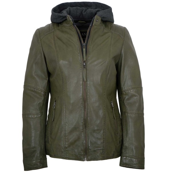 Jilani Collection - Damen Lederjacke Lammnappa Kapuze olive-14479