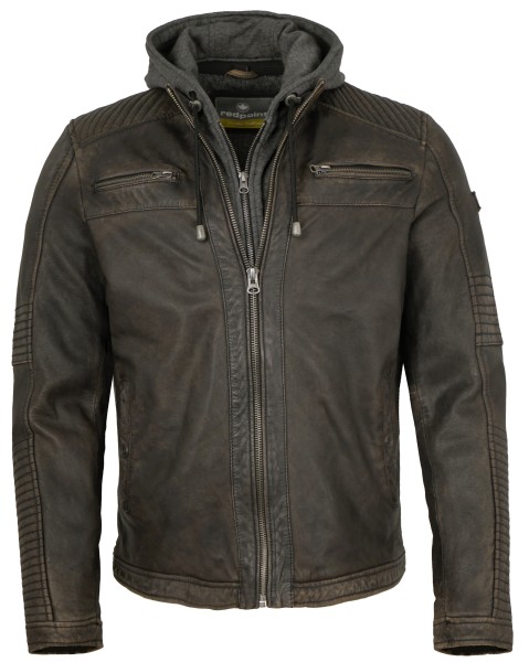 Redpoint - Herren Lederjacke Bikerjacke Kapuze Lammnappa dunkelbraun--10974