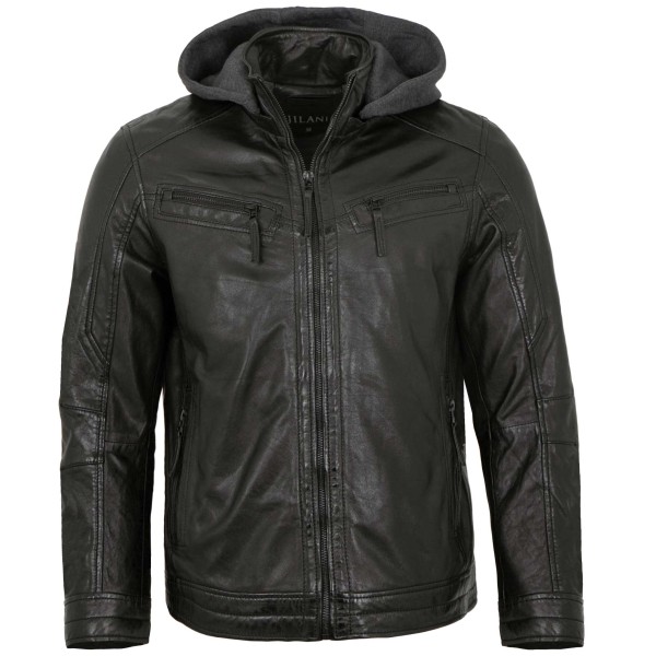 Jilani - Herren Lederjacke Kapuze Lammnappa schwarz-14505