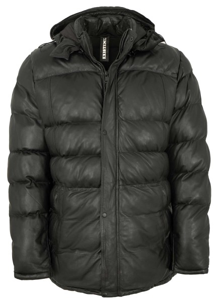 Herren Lederjacke Steppjacke Kapuze Lammnappa schwarz-13995