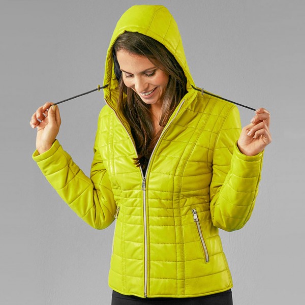 J. Gillie - Damen Lederjacke Steppjacke Kapuze Lammnappa gelb-grün lemon-12388