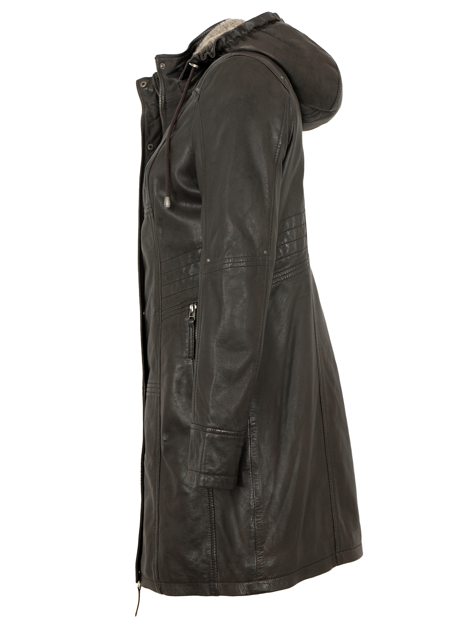 Jilani Damen Ledermantel Kapuze Lammnappa dunkelbraun