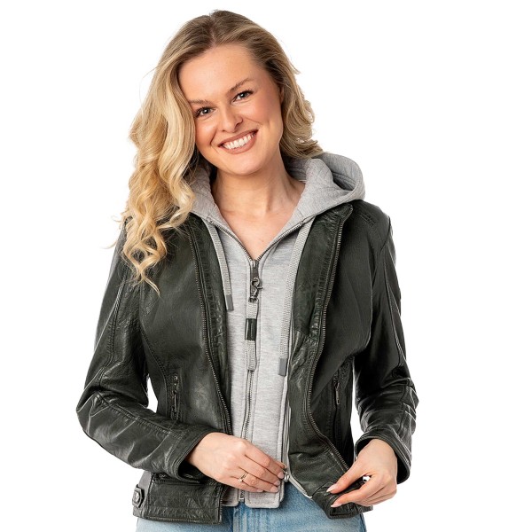 Mauritius - Damen Lederjacke Lammnappa Kapuze dark olive-14345