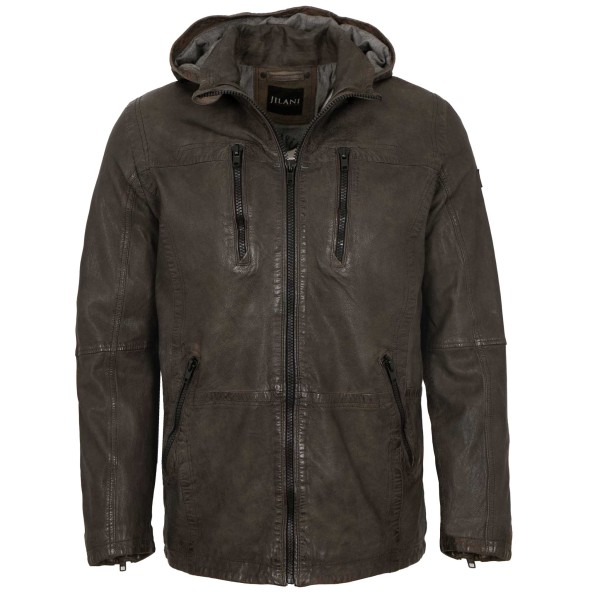 Jilani Collection - Herren Lederjacke Fieldjacke Lammnappa Kapuze olivebraun-14413