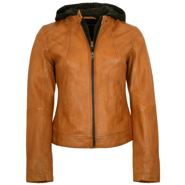 Jilani Collection - Damen Lederjacke Lammnappa Kapuze cognac-14354