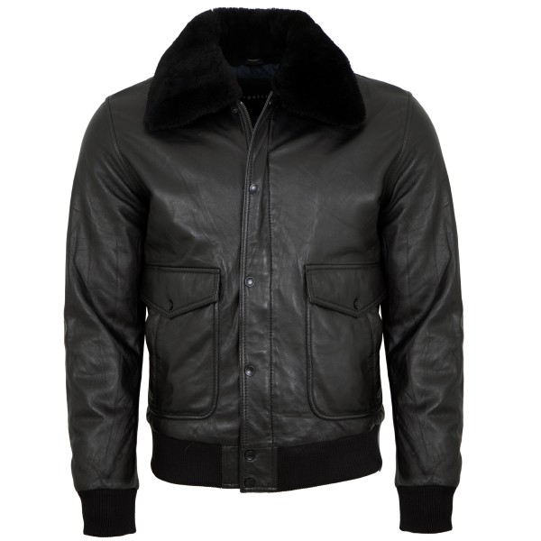 Bugatti - Herren Lederjacke Weste Lammnappa Lammfellkragen schwarz-14342