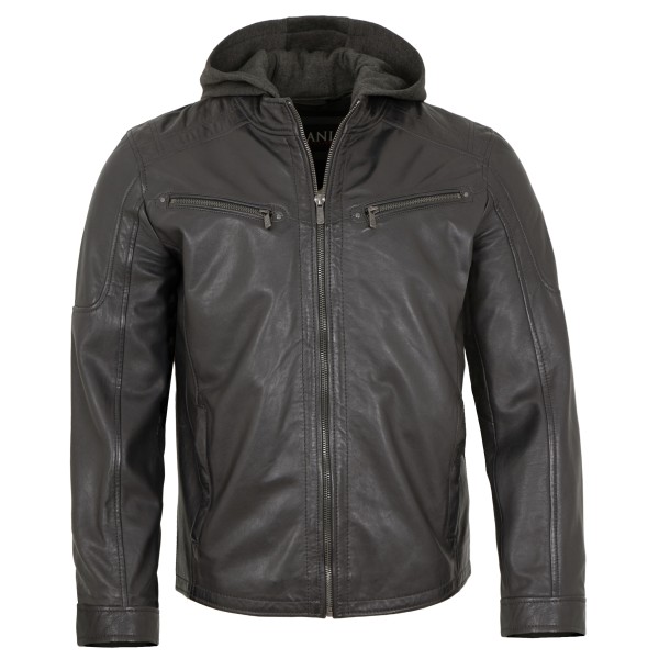 Jilani Collection - Herren Lederjacke Kapuze Lammnappa anthra-14360