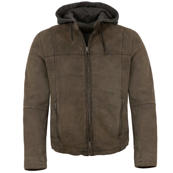 Milestone - Herren Lederjacke Kapuze Lammnubuk tabak-14270