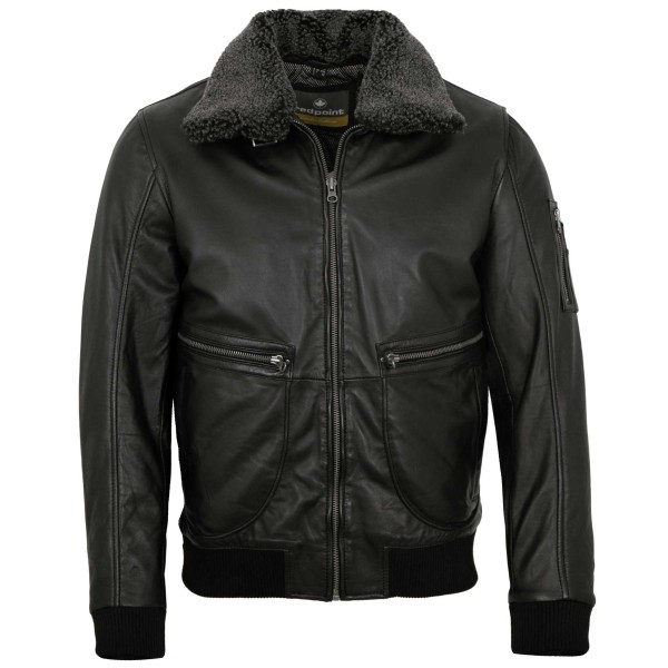 Redpoint - Herren Lederjacke Fliegerjacke Fellkragen Lammnappa schwarz-14414