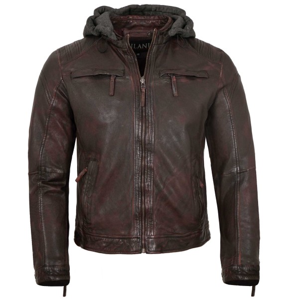 Jilani Collection - Herren Lederjacke Kapuze Lammnappa dunkelrot-14418
