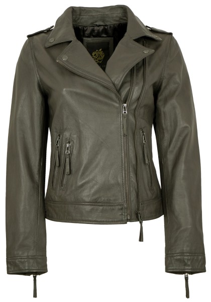 Apple of Eden - Damen Lederjacke Bikerjacke Lammnappa grau-olive-13808