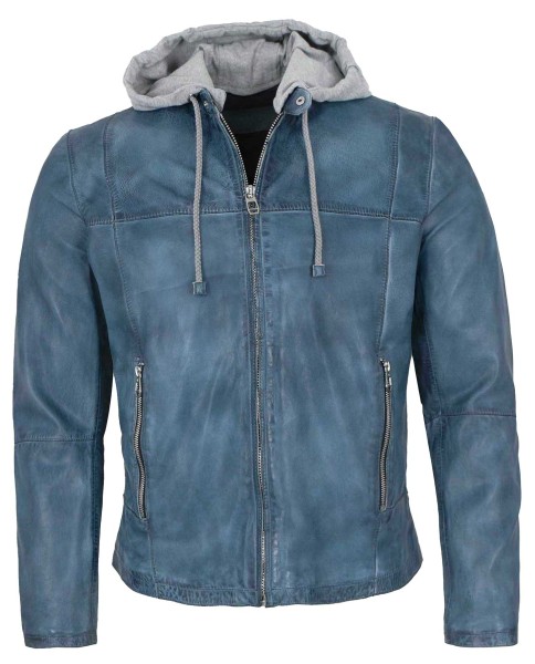 Milestone - Herren Lederjacke Lammnappa Kapuze blau-14028