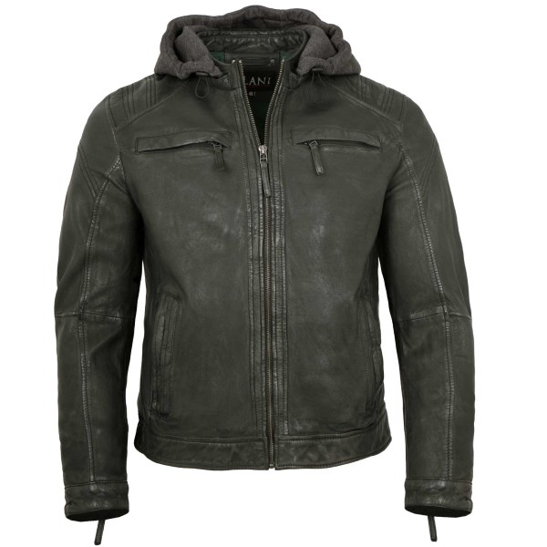 Jilani Collection - Herren Lederjacke Kapuze Lammnappa dunkelgrün-14417